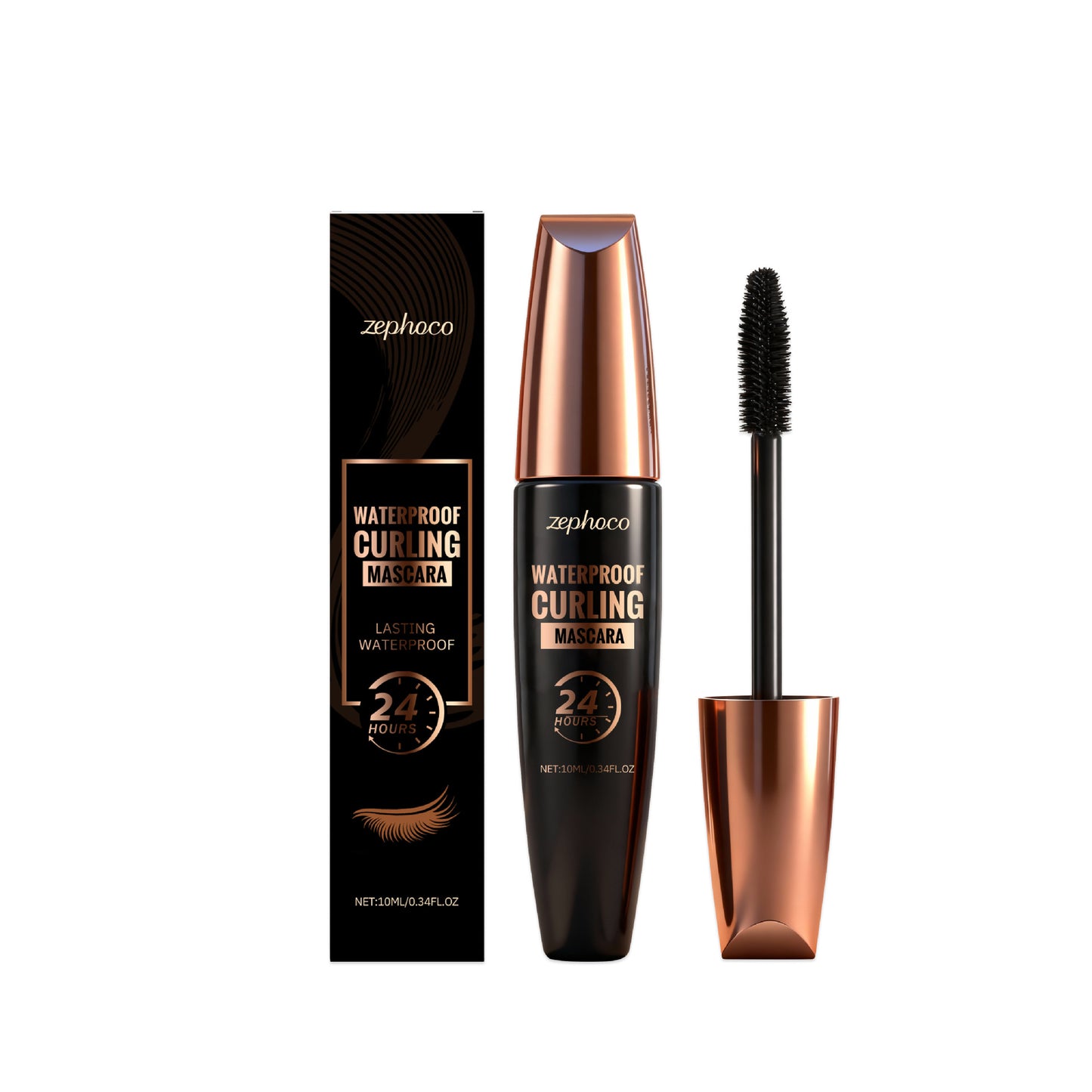 Máscara de pestañas Zephoco Waterproof Curling: aplicación suave, efecto lifting y acabado resistente a las manchas.