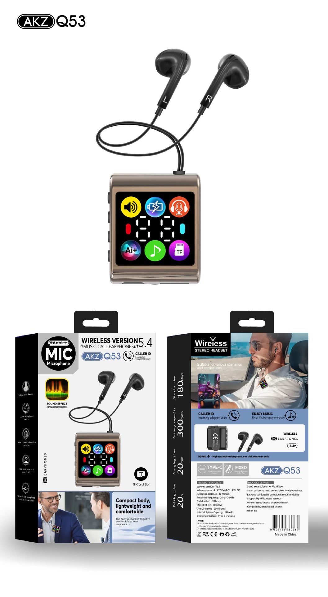 Écouteurs intra-auriculaires sans fil à clip avec affichage LED – Lecture de carte TF, longue autonomie et appels HD