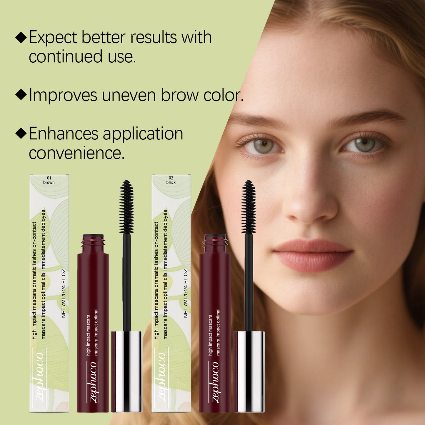 Máscara de pestañas y cejas de alto impacto Zephoco: aplicación suave y definición natural