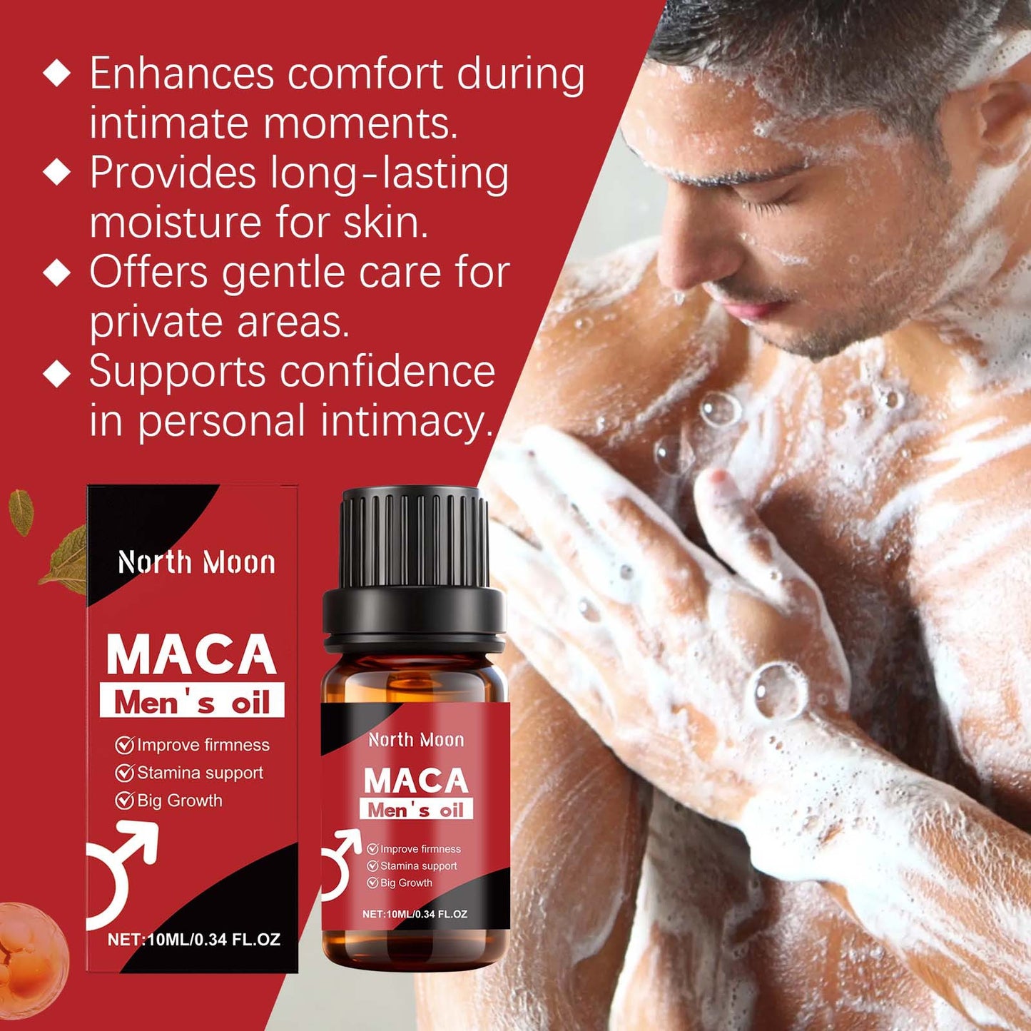 North Moon Maca Men’s Massage Oil – Lightweight Hydrating Intimate Care Oil • Fast Absorbing • Non-Greasy (10ml)