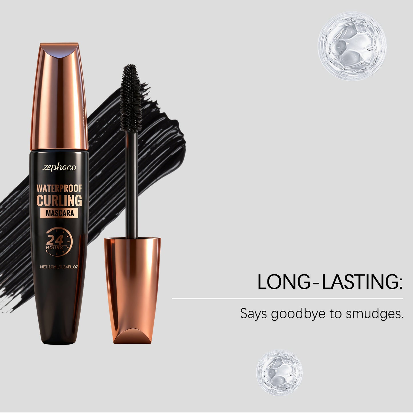 Máscara de pestañas Zephoco Waterproof Curling: aplicación suave, efecto lifting y acabado resistente a las manchas.