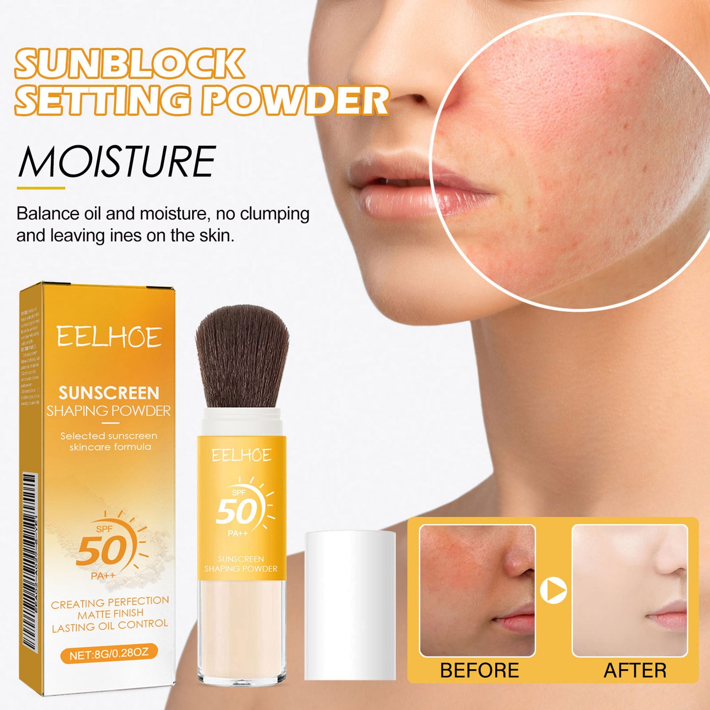 Pinceau Poudre Coiffante Solaire EELHOE SPF50 PA++ – Poudre Fixatrice Matifiante Contrôle du Sébum