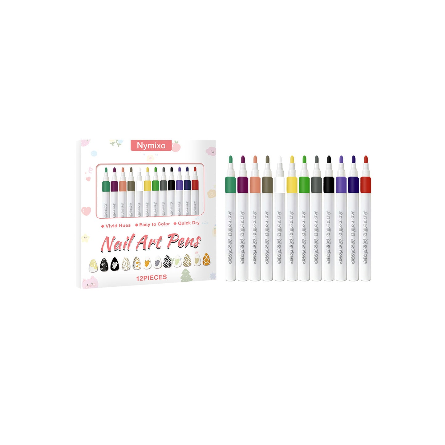 Nymixa Nail Art Pens – 12-Color Quick-Dry DIY Nail Drawing Set