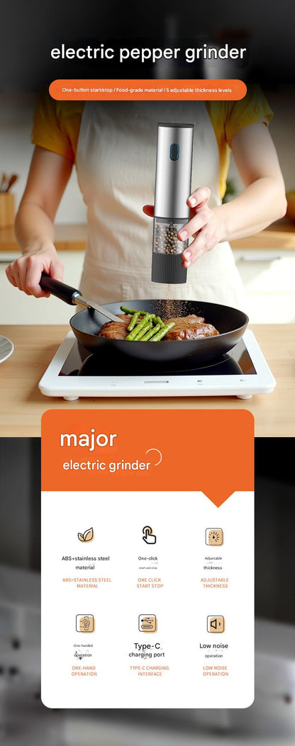Electric Pepper Grinder – Rechargeable Stainless Steel Salt & Spice Mill with Adjustable Coarseness