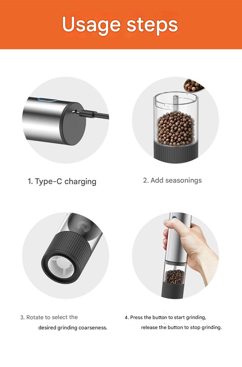 Electric Pepper Grinder – Rechargeable Stainless Steel Salt & Spice Mill with Adjustable Coarseness