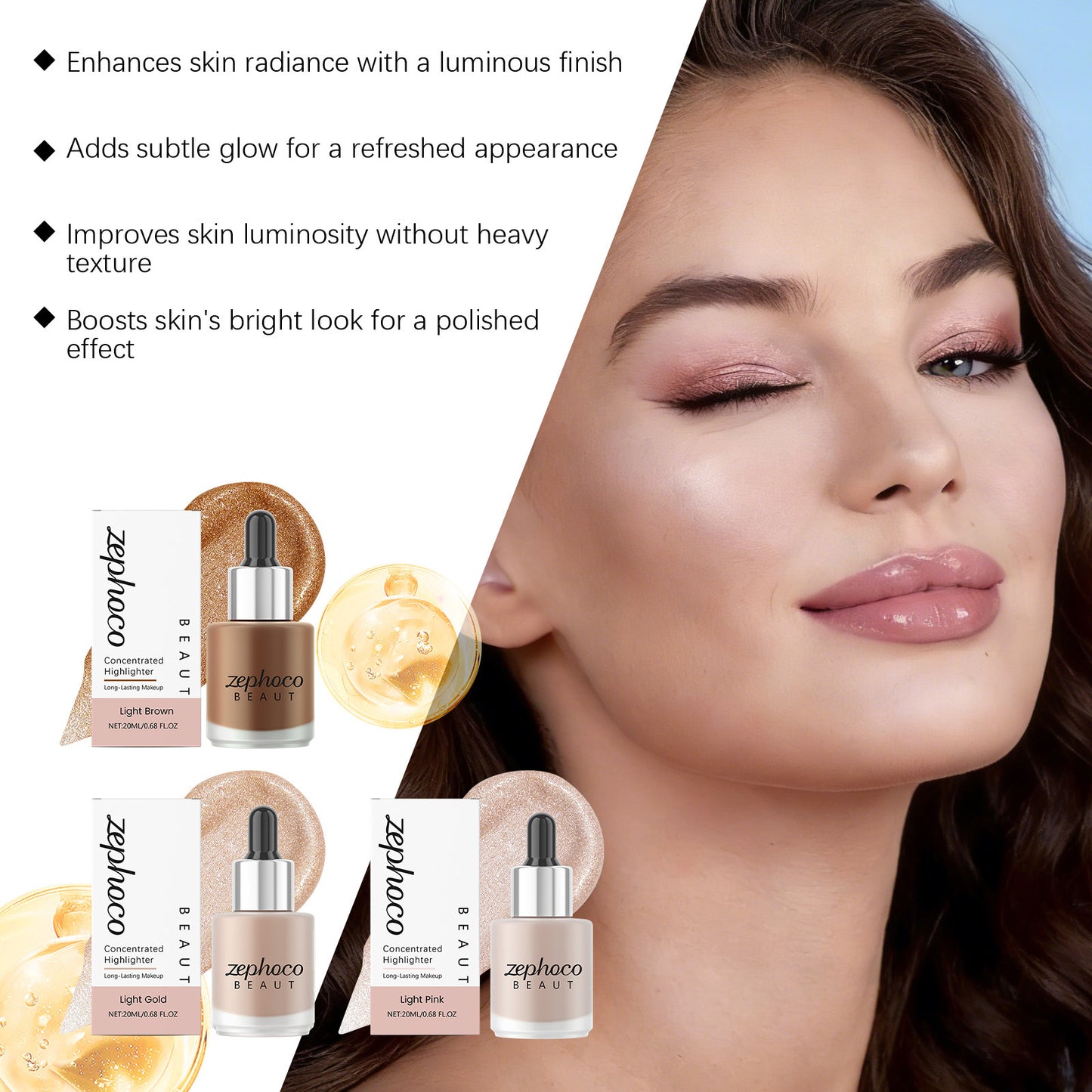 Zephoco Concentrated Liquid Highlighter – Light Brown / Light Gold / Light Pink Glow Drops