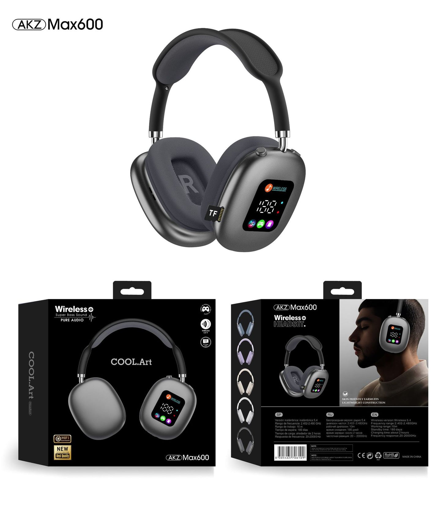 Casque Bluetooth sans fil supra-auriculaire AKZ MAX600 – Écran LED RVB, basses profondes et appels clairs