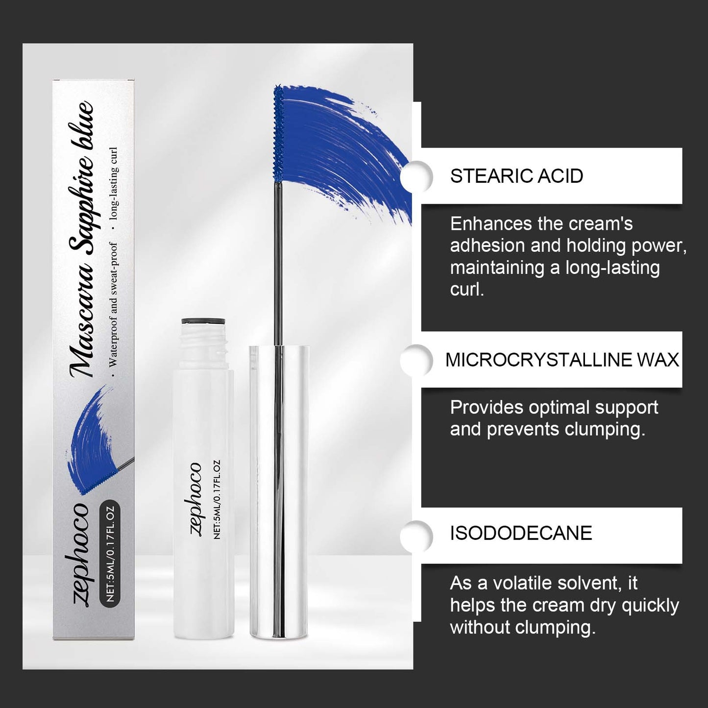 Máscara de pestañas Zephoco: fórmula resistente al agua, suave y sin grumos