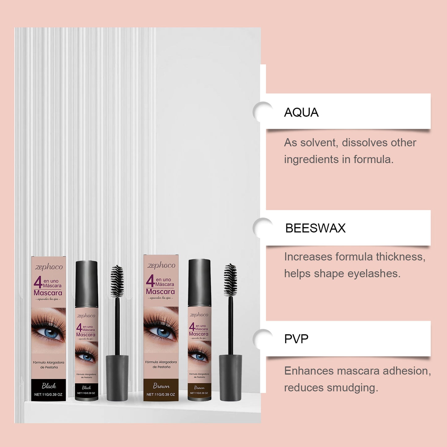 Zephoco 4-in-1 Lengthening & Volumizing Mascara (Black / Brown)