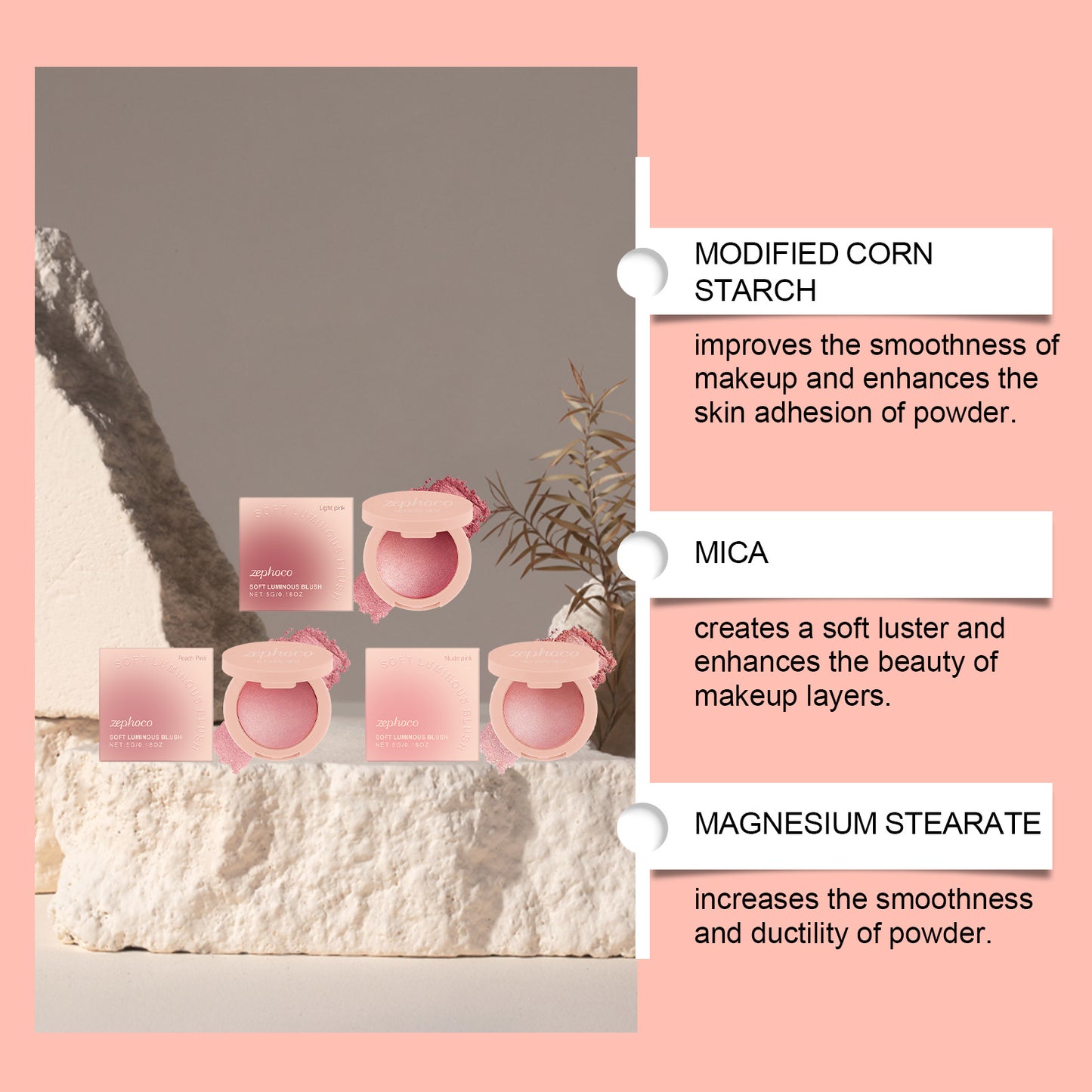 Zephoco Soft Luminous Blush: rubor en polvo ligero y brillante con acabado de brillo natural