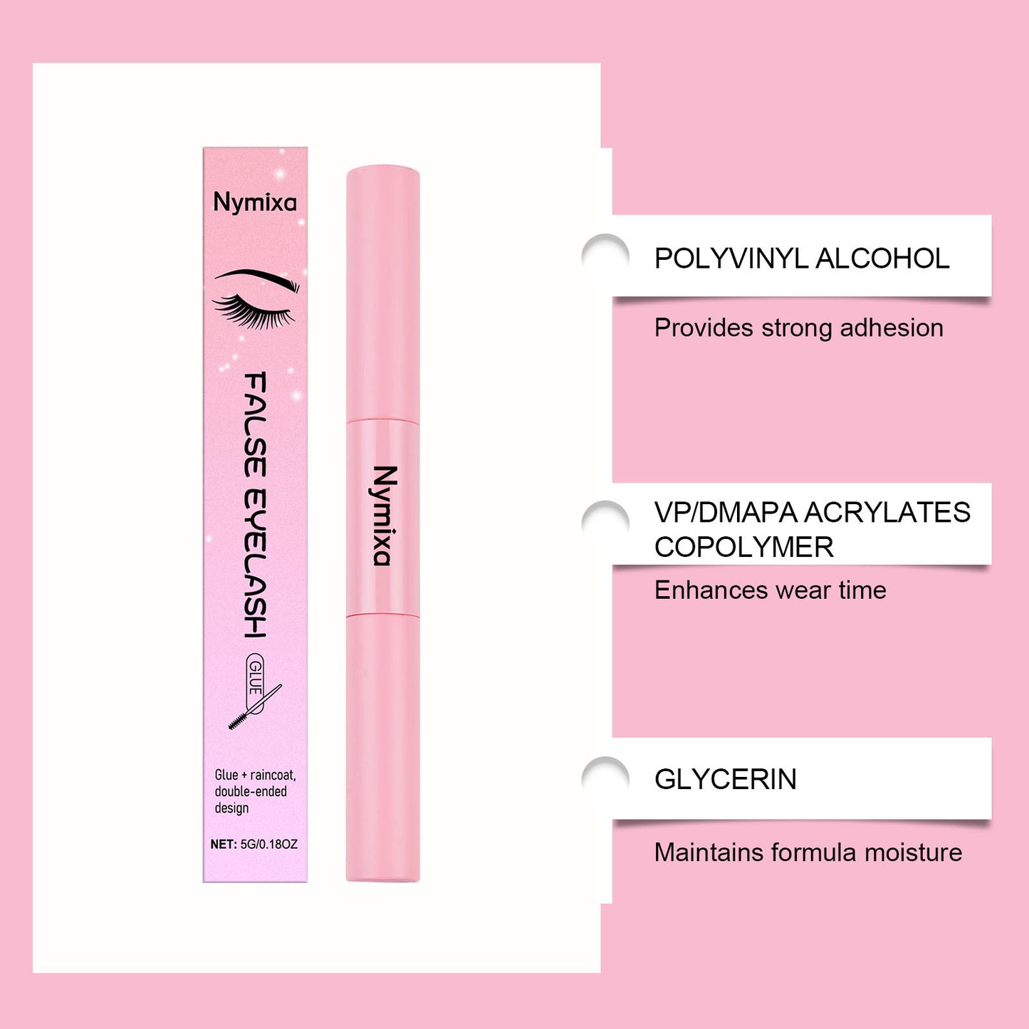Stylo colle et fixateur double embout Nymixa pour faux cils – Colle longue tenue pour la pose de faux cils à faire soi-même