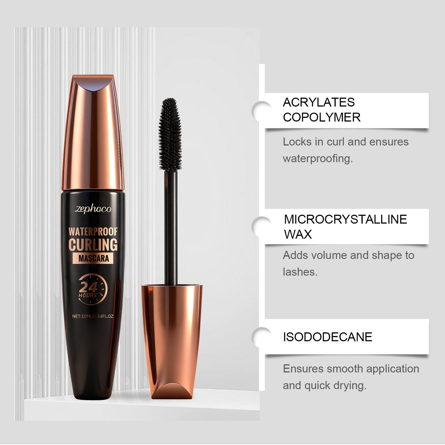 Máscara de pestañas Zephoco Waterproof Curling: aplicación suave, efecto lifting y acabado resistente a las manchas.