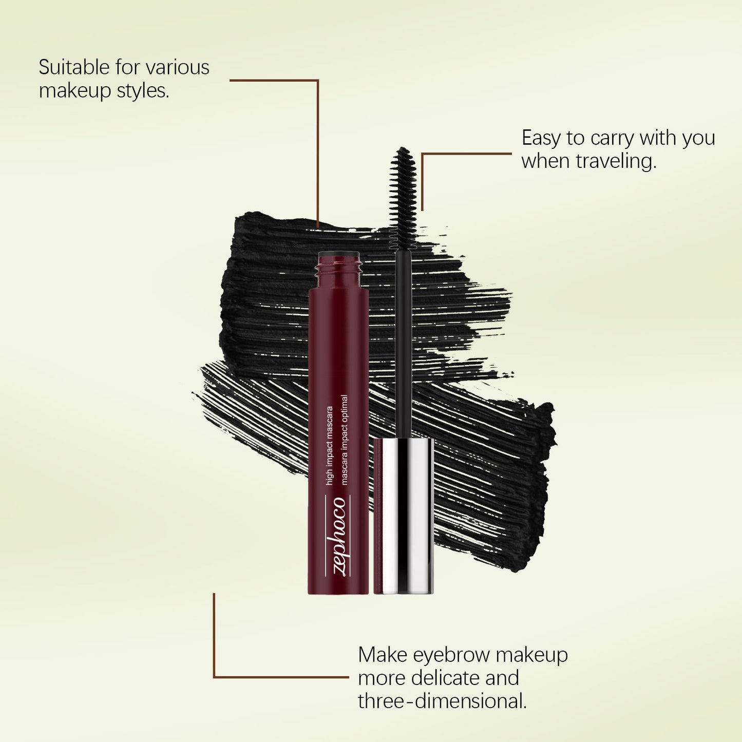 Máscara de pestañas y cejas de alto impacto Zephoco: aplicación suave y definición natural
