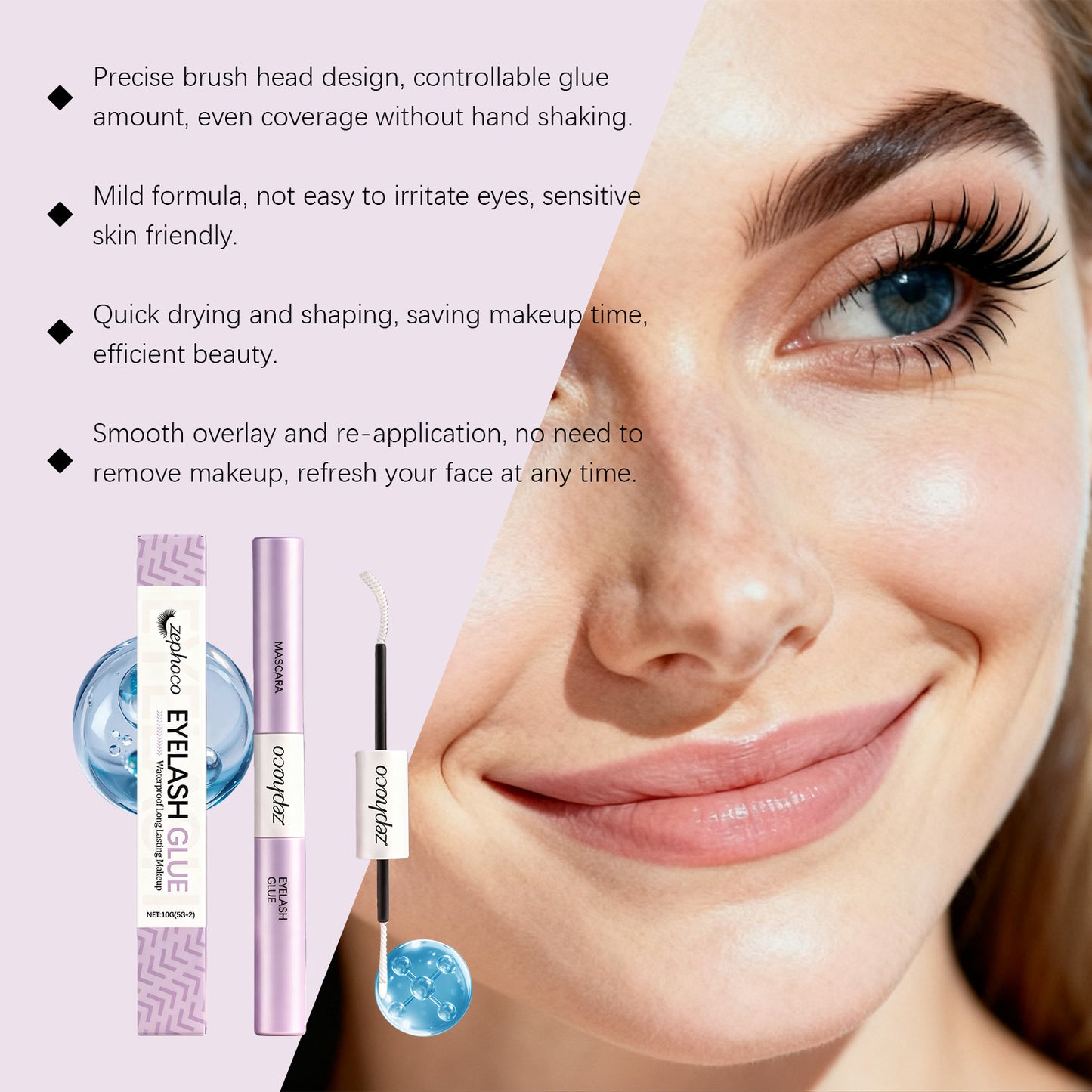 Colle et fixateur 2 en 1 pour faux cils Zephoco – Tenue longue durée, fini transparent, sans résidus