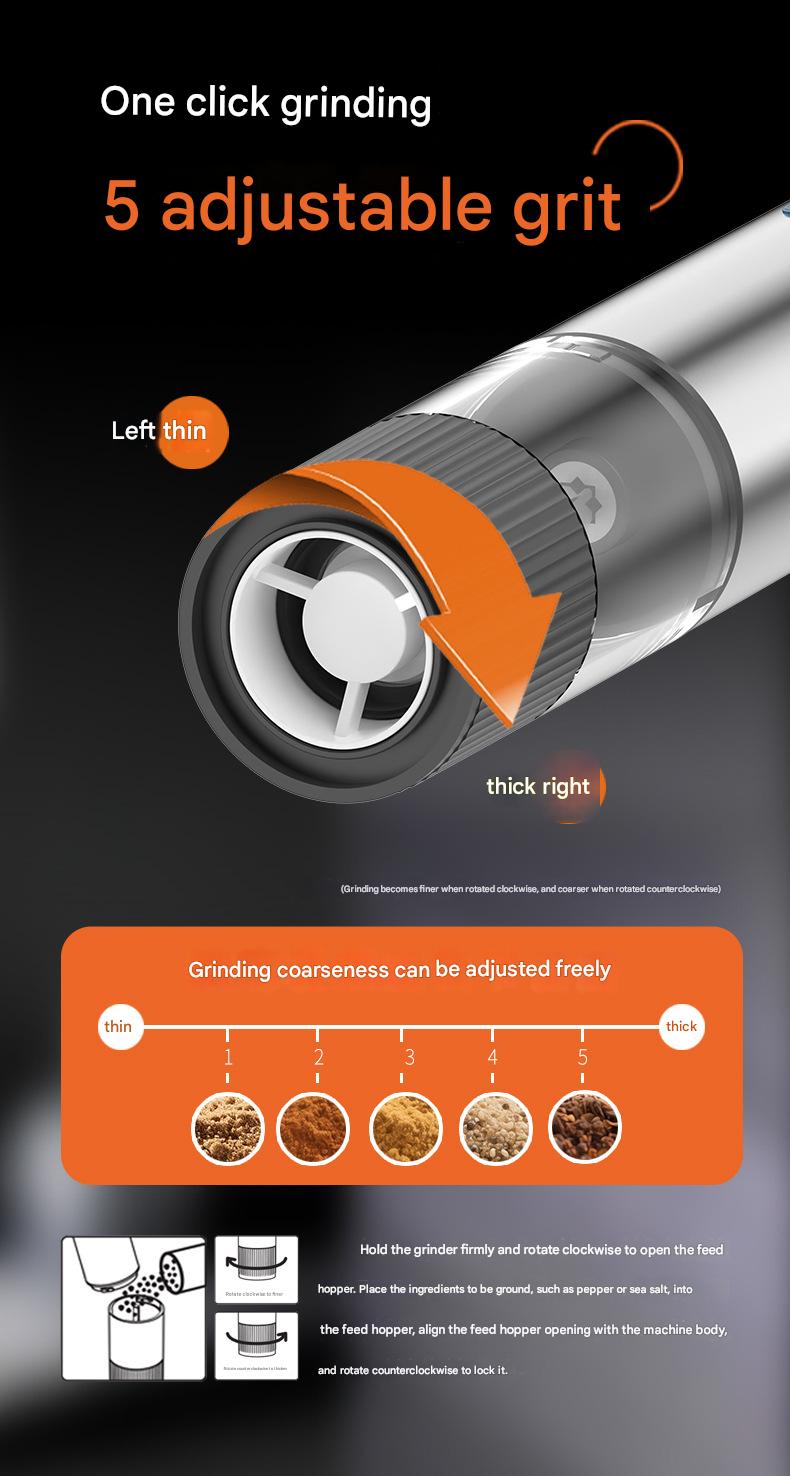 Electric Pepper Grinder – Rechargeable Stainless Steel Salt & Spice Mill with Adjustable Coarseness