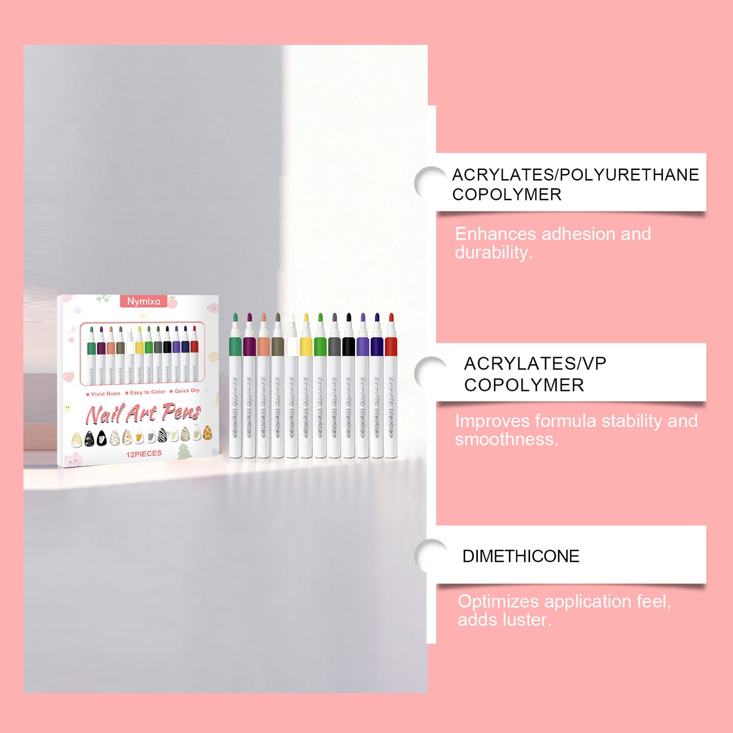 Nymixa Nail Art Pens – 12-Color Quick-Dry DIY Nail Drawing Set