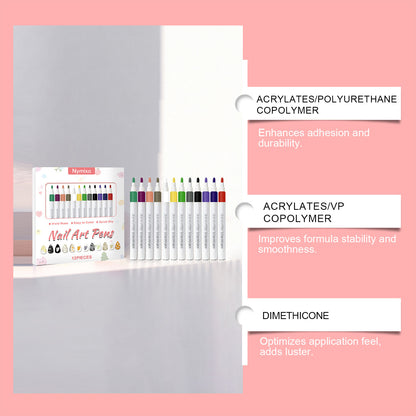 Nymixa Nail Art Pens – 12-Color Quick-Dry DIY Nail Drawing Set