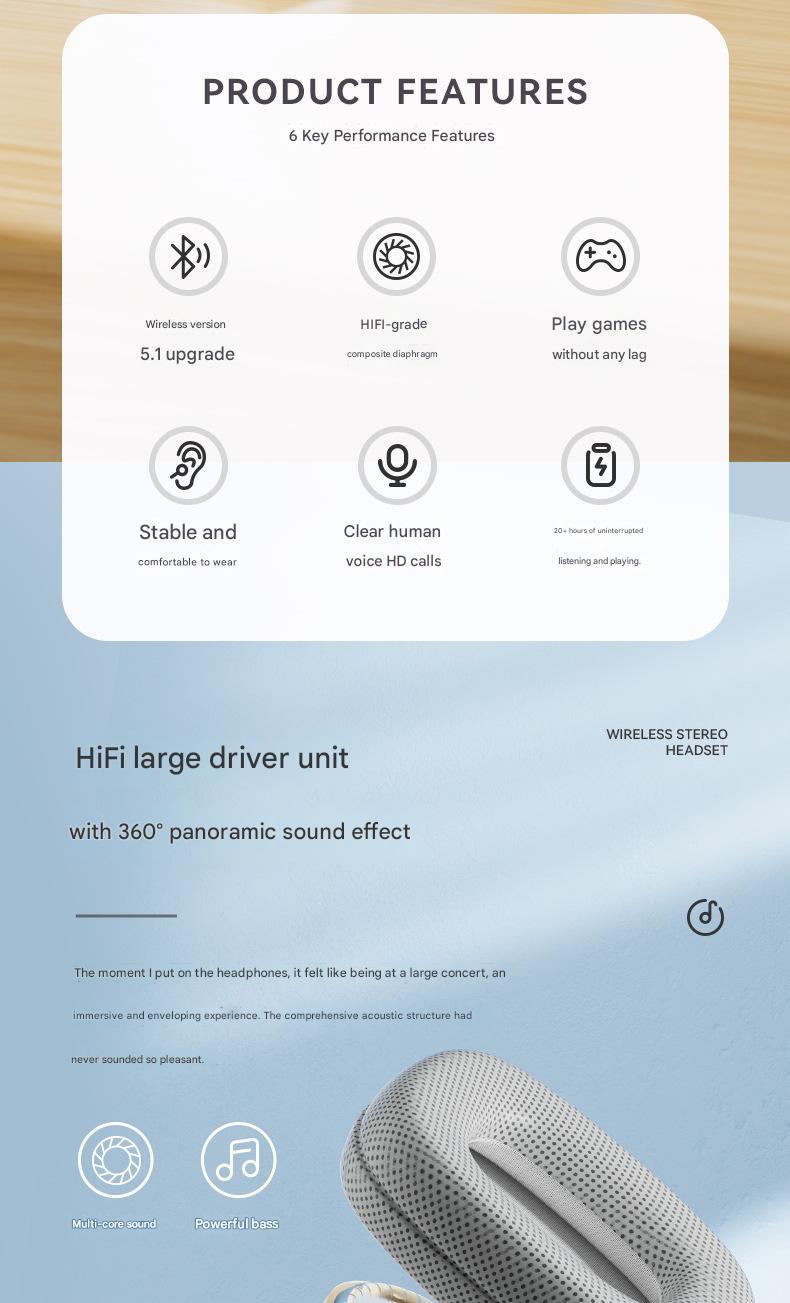 Auriculares inalámbricos Bluetooth supraaurales: graves profundos y sonido envolvente de 360° (compatibles con Apple P9)