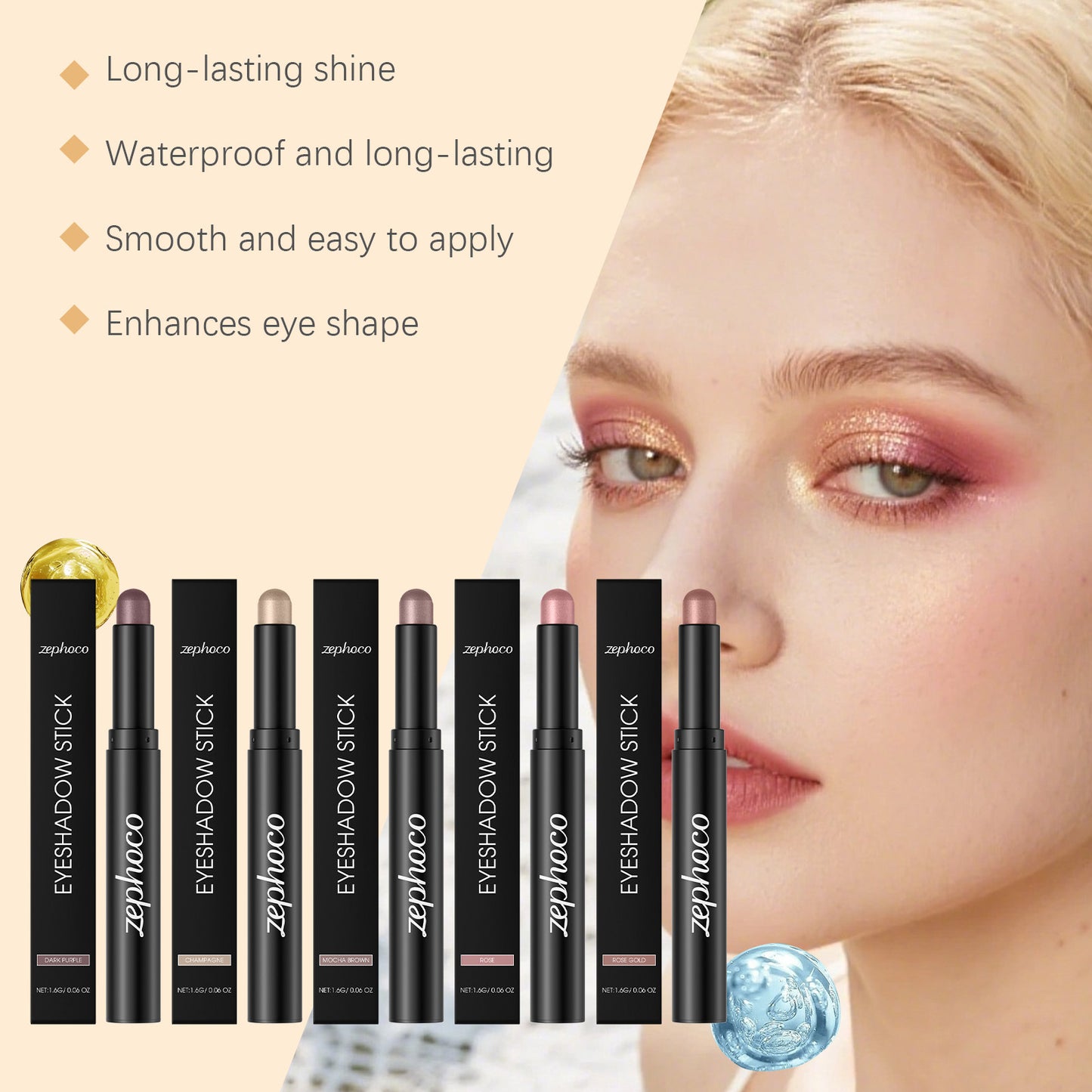 Zephoco Waterproof Eyeshadow Stick – Long-Lasting Shine, Smooth Application & Eye-Enhancing Effect