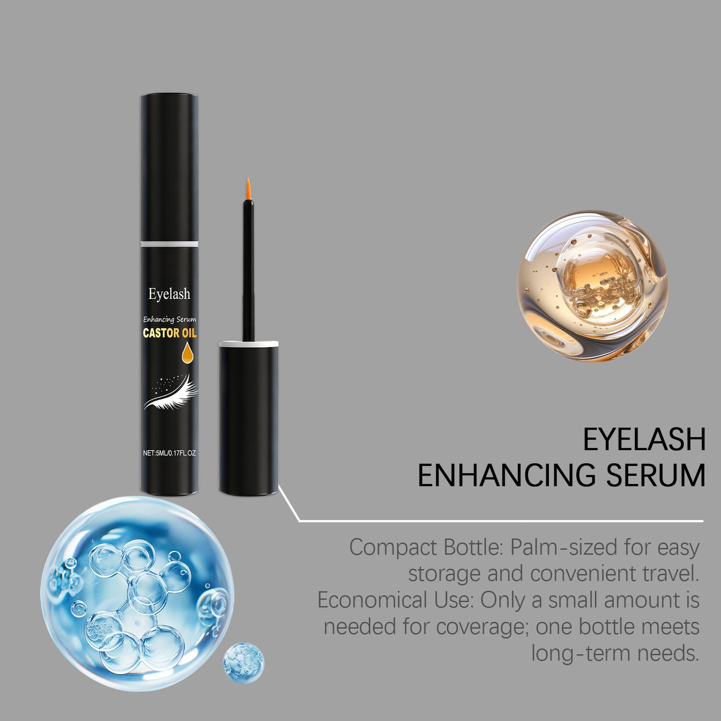Suero potenciador de pestañas con aceite de ricino: fórmula ligera y nutritiva para el cuidado diario y nocturno de las pestañas.