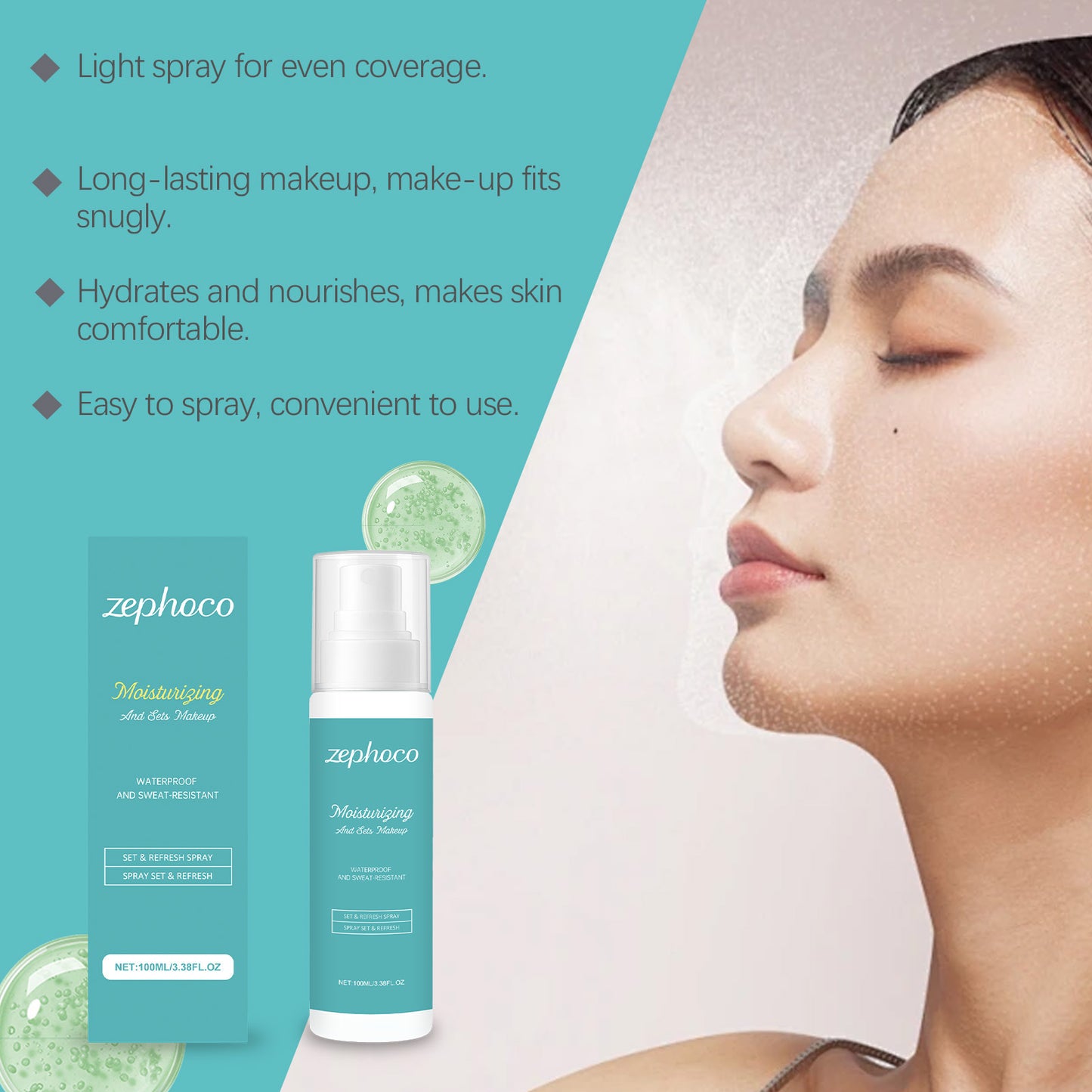 Spray fijador hidratante Zephoco: bruma ligera, refrescante e hidratante para el maquillaje