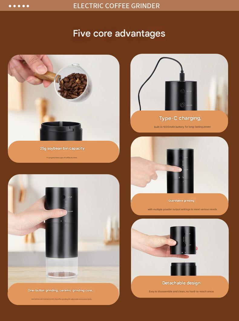 Molinillo de café eléctrico portátil: dosificación precisa y tamaño de molienda ajustable