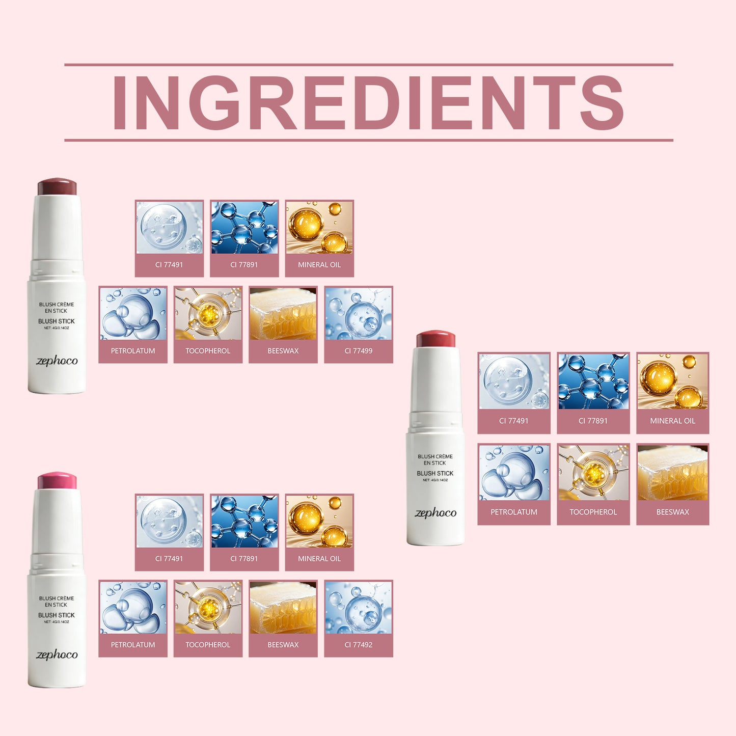 Zephoco Cream Blush Stick: Maquillaje suave y difuminable con brillo natural para mejillas y labios