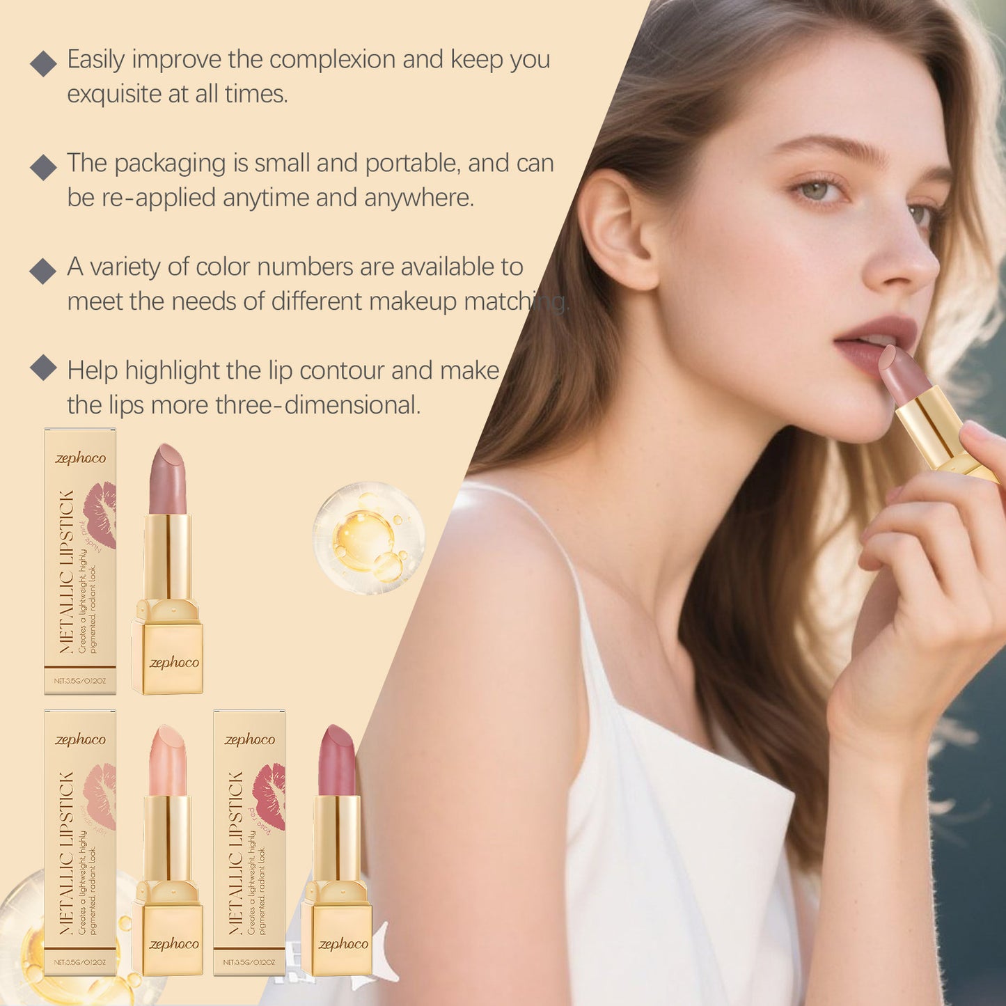 Zephoco Metallic Lipstick – Smooth Color & Radiant Finish (Multiple Shades)