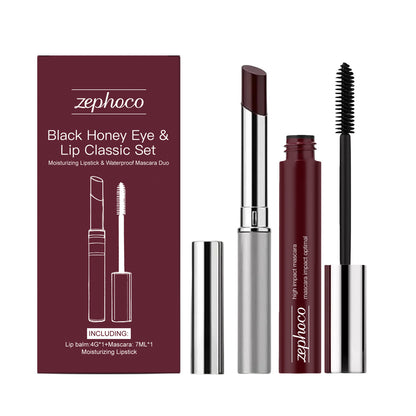 Coffret classique yeux et lèvres Zephoco Black Honey – Duo rouge à lèvres hydratant et mascara waterproof