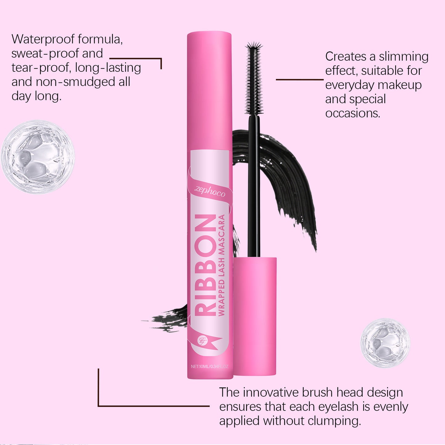 Zephoco Ribbon Wrapped Lash Mascara – Waterproof, Slimming Lash Effect & Smooth Application
