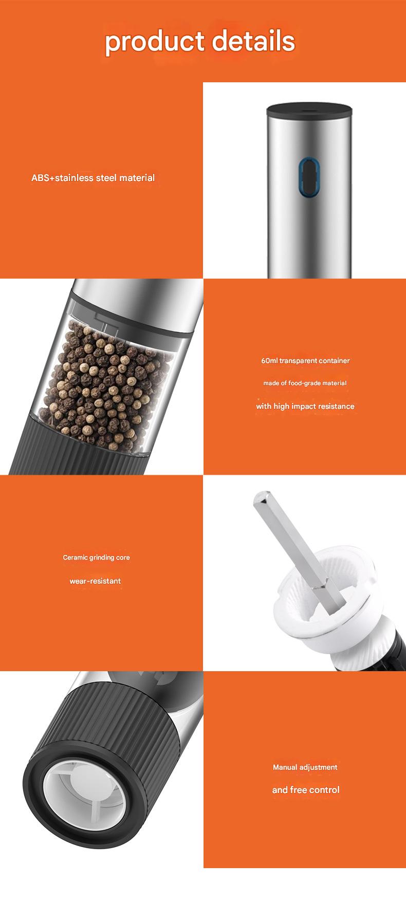 Electric Pepper Grinder – Rechargeable Stainless Steel Salt & Spice Mill with Adjustable Coarseness