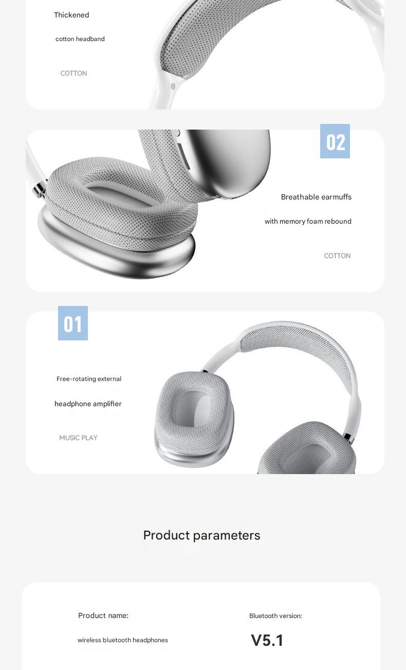 Auriculares inalámbricos Bluetooth supraaurales: graves profundos y sonido envolvente de 360° (compatibles con Apple P9)