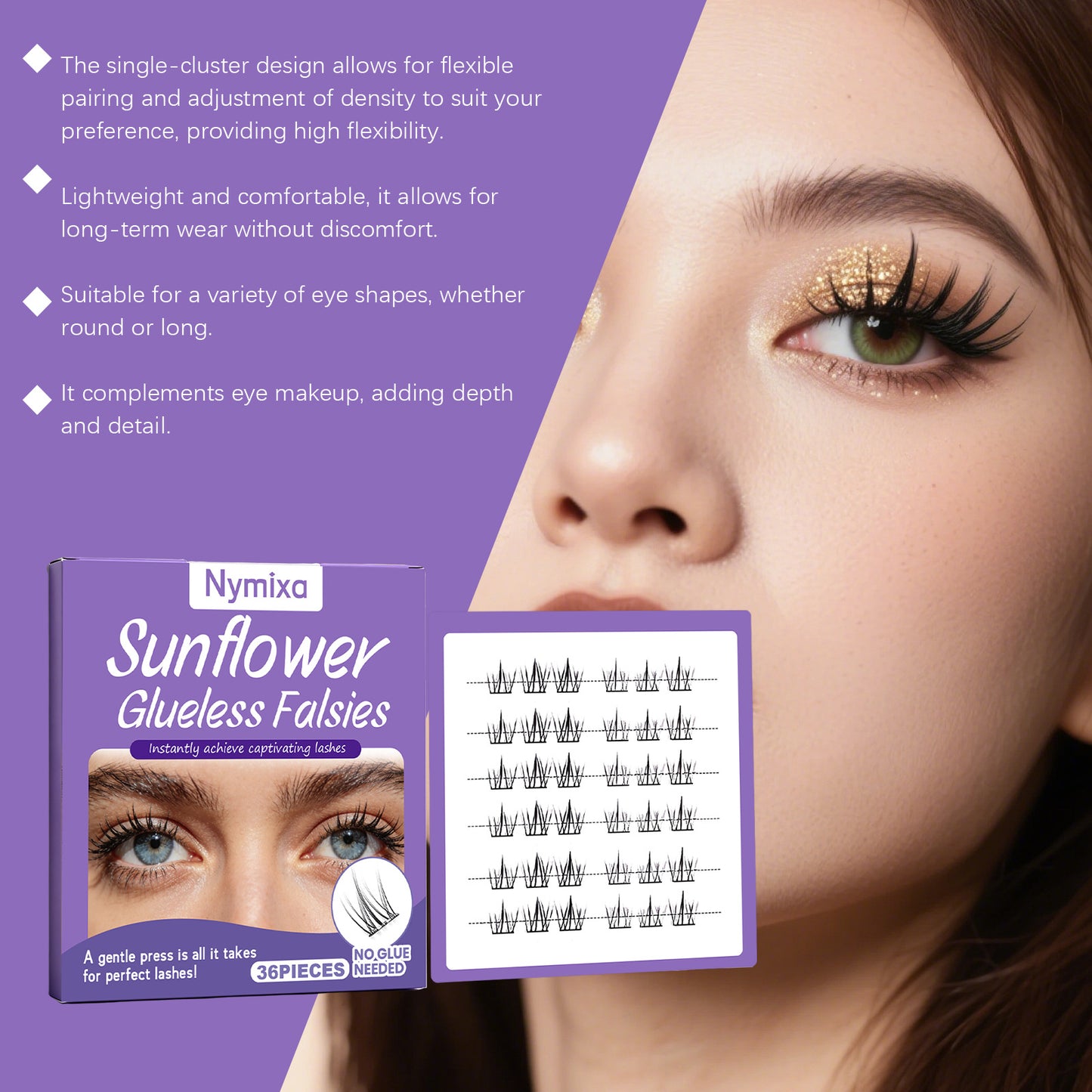 Nymixa Sunflower Glueless Press-On False Lashes – No Glue Needed, Natural Cluster Lashes (36PCS)