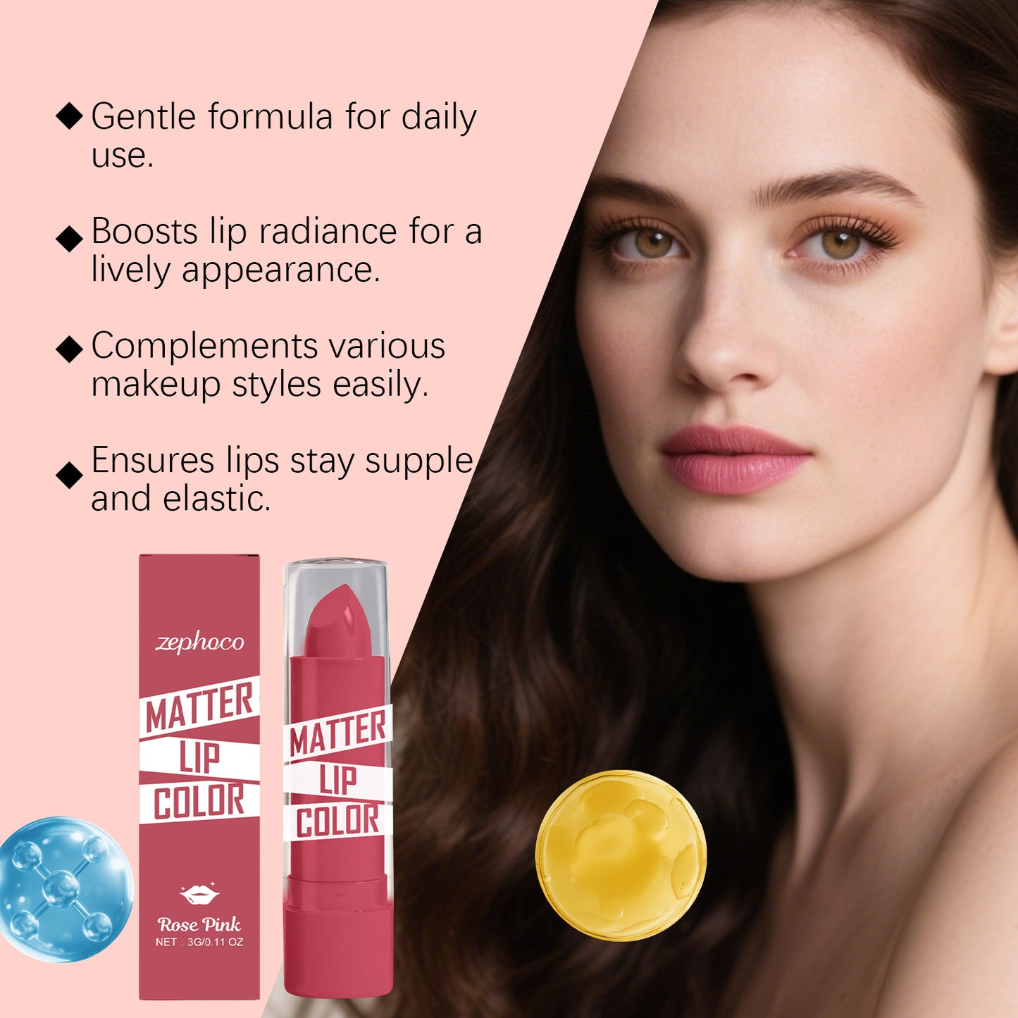 Zephoco Matte Lip Color – Rose Pink | Smooth, Non-Flaky & Long-Wear Lipstick