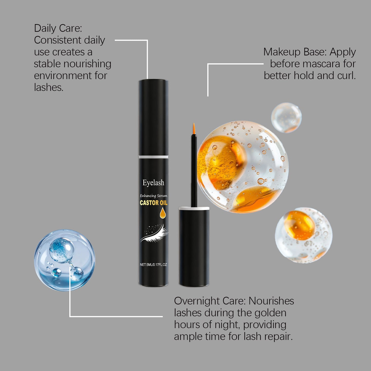 Suero potenciador de pestañas con aceite de ricino: fórmula ligera y nutritiva para el cuidado diario y nocturno de las pestañas.