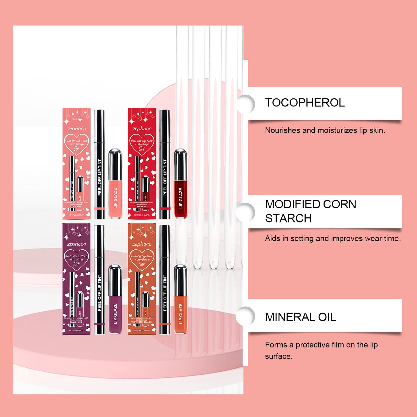 Set de tinte y brillo labial Zephoco Peel-Off: color de larga duración en varios tonos