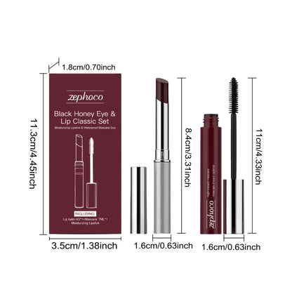 Coffret classique yeux et lèvres Zephoco Black Honey – Duo rouge à lèvres hydratant et mascara waterproof