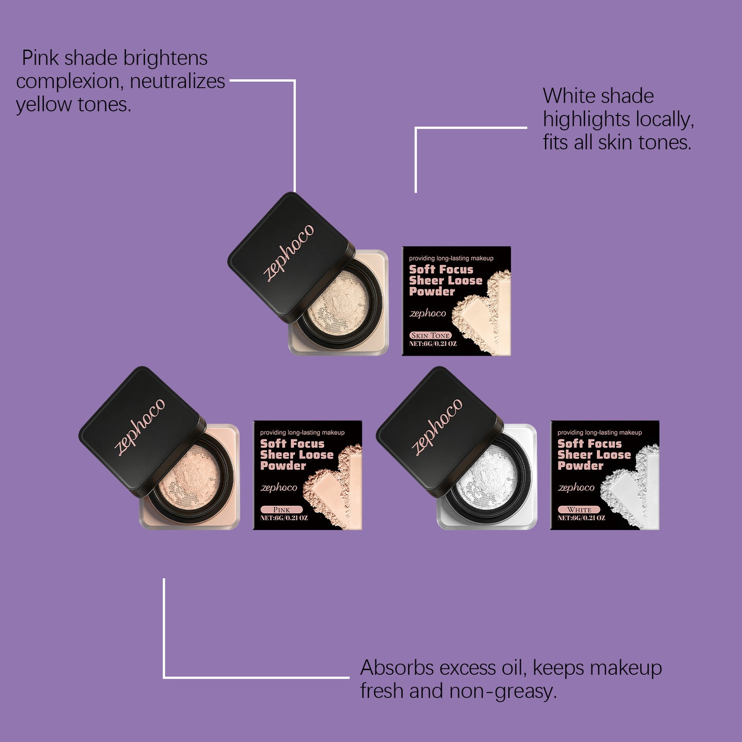 Zephoco Soft Focus Sheer Loose Setting Powder – Lightweight Oil-Control Makeup Finish