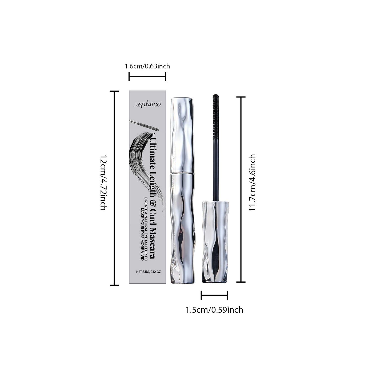 Máscara de pestañas con brillo metálico: acabado suave y limpio, fórmula antigrumos
