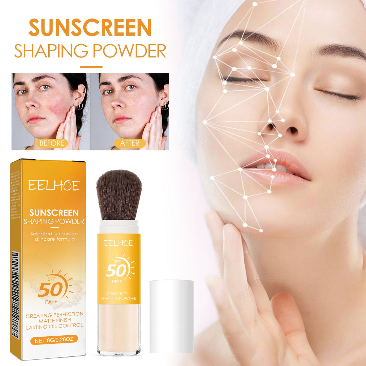 Pinceau Poudre Coiffante Solaire EELHOE SPF50 PA++ – Poudre Fixatrice Matifiante Contrôle du Sébum
