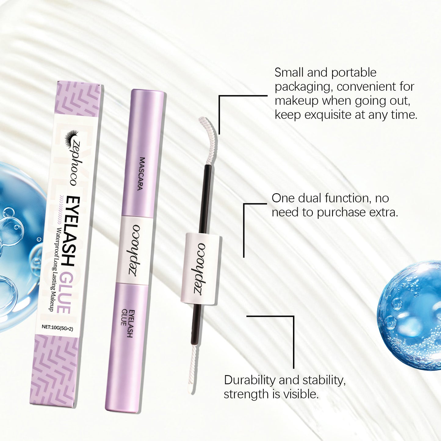 Colle et fixateur 2 en 1 pour faux cils Zephoco – Tenue longue durée, fini transparent, sans résidus