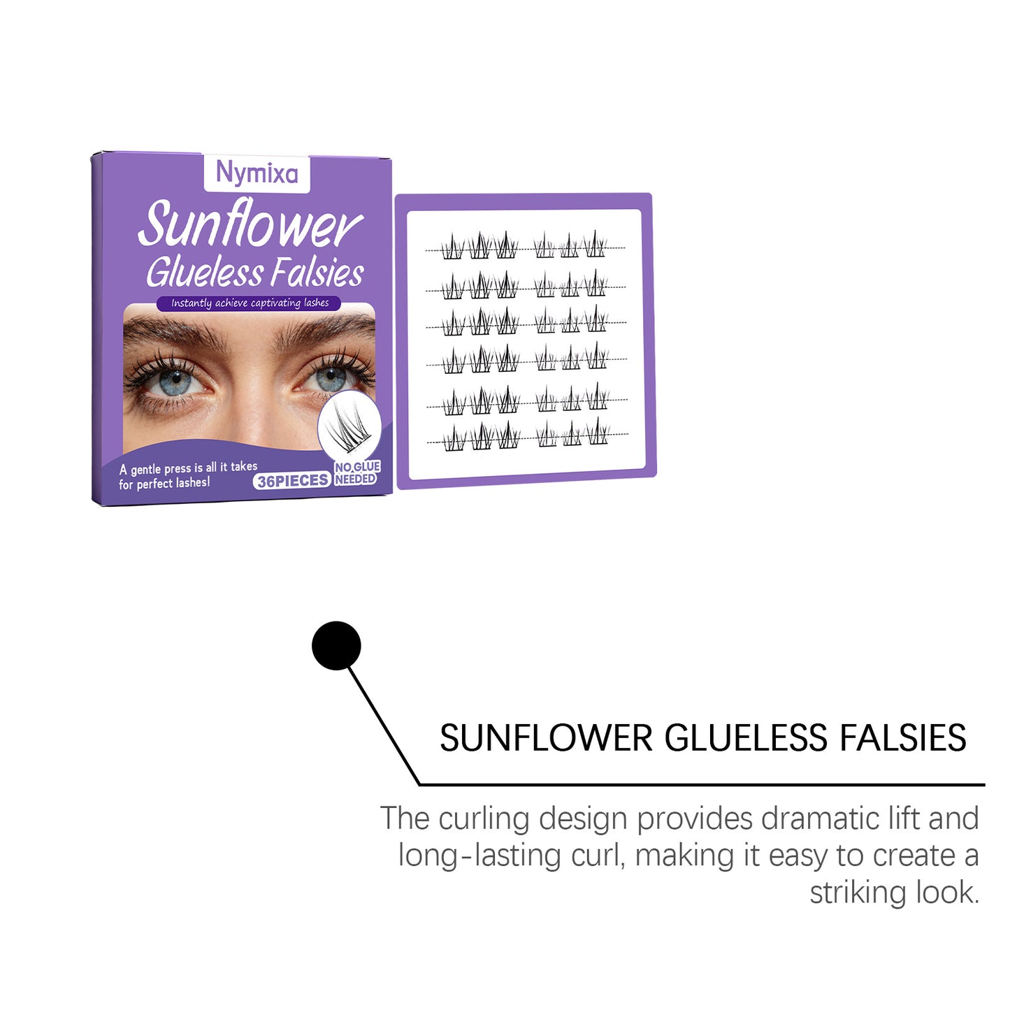 Nymixa Sunflower Glueless Press-On False Lashes – No Glue Needed, Natural Cluster Lashes (36PCS)