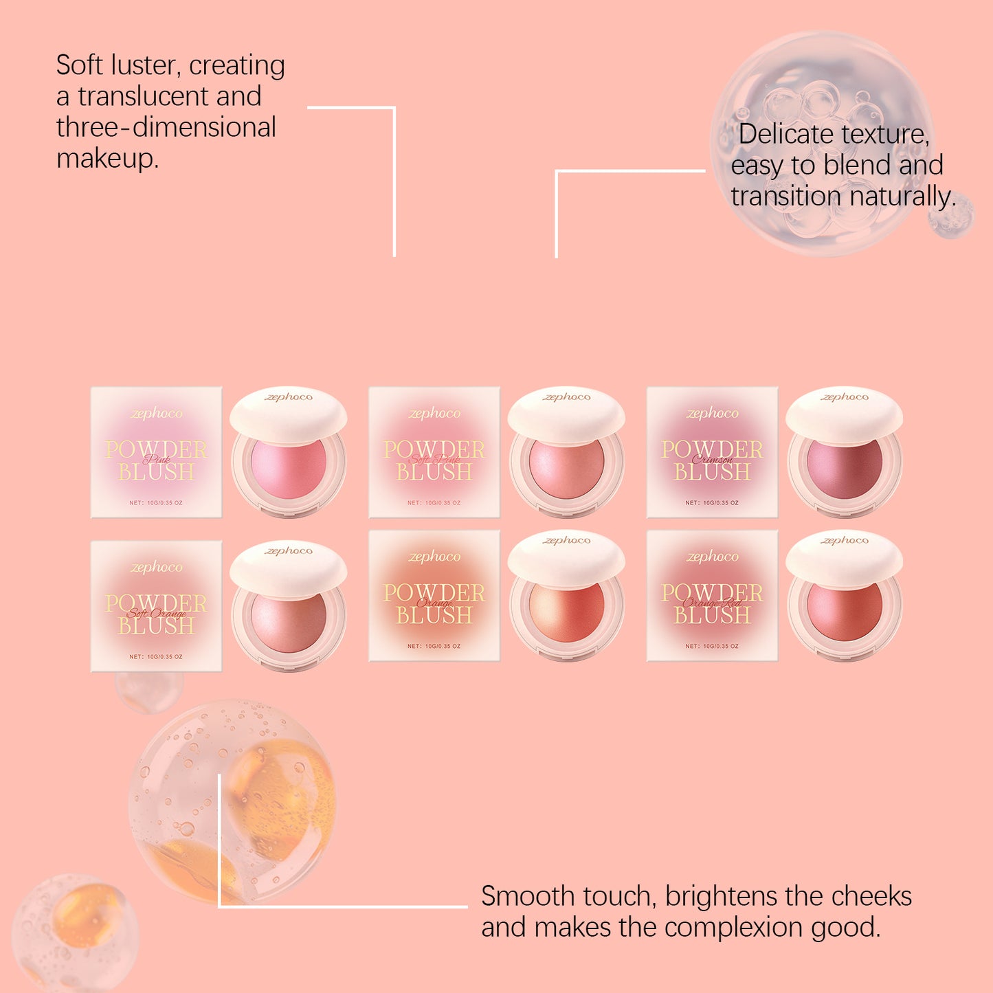 Zephoco Soft Luminous Powder Blush – Lightweight, Blendable Cheek Color