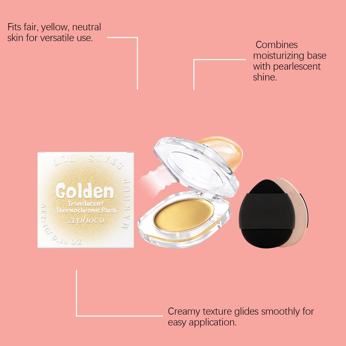 Rubor en crema translúcido dorado Zephoco: brillo perlado y acabado suave