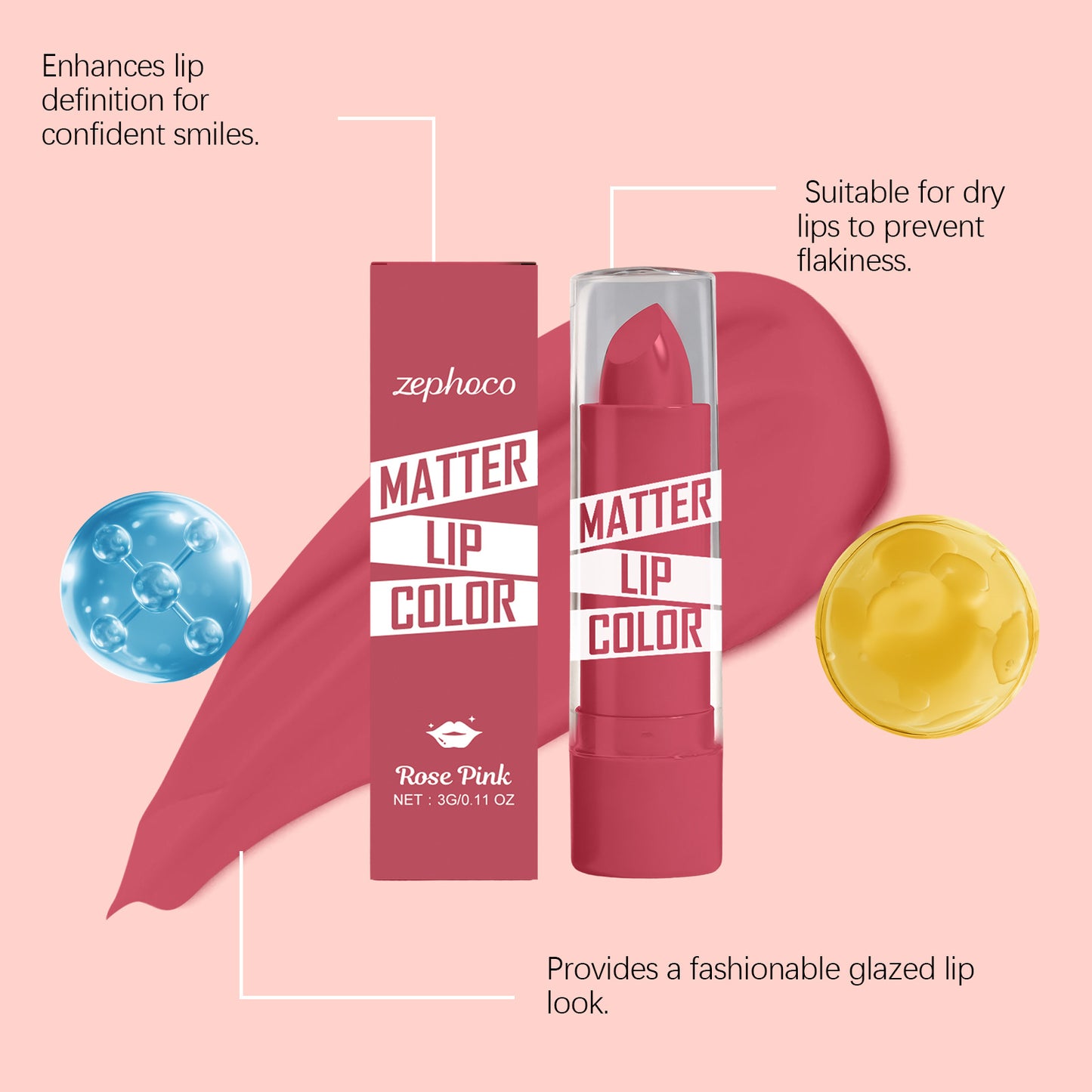 Zephoco Matte Lip Color – Rose Pink | Smooth, Non-Flaky & Long-Wear Lipstick