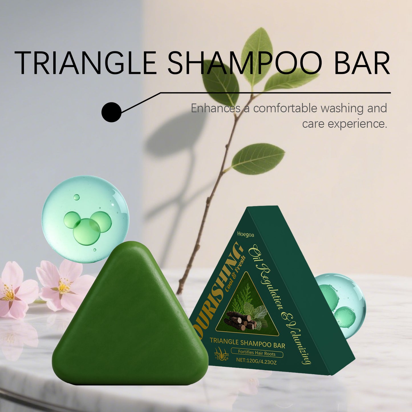 Champú en barra triangular nutritivo Hoegoa: fortalece el cabello y realza el brillo (120 g)