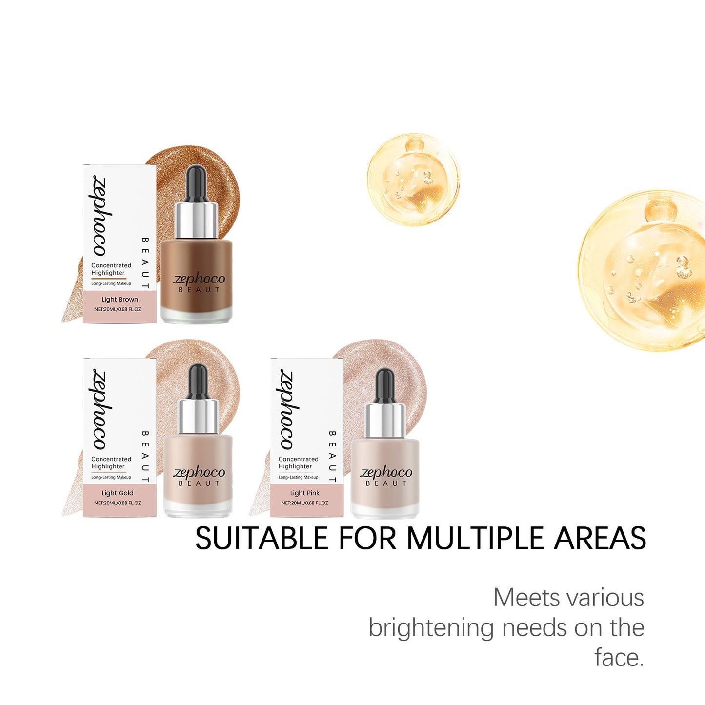 Zephoco Concentrated Liquid Highlighter – Light Brown / Light Gold / Light Pink Glow Drops