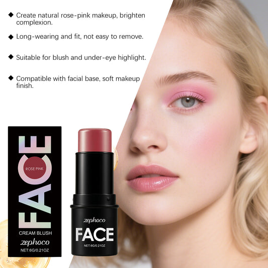 Zephoco Face Cream Blush Stick – Rose Pink Silky Blush for Natural Glow