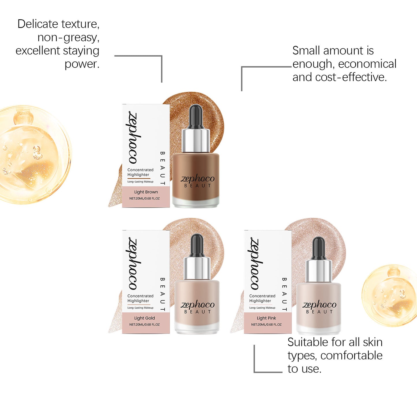 Zephoco Concentrated Liquid Highlighter – Light Brown / Light Gold / Light Pink Glow Drops