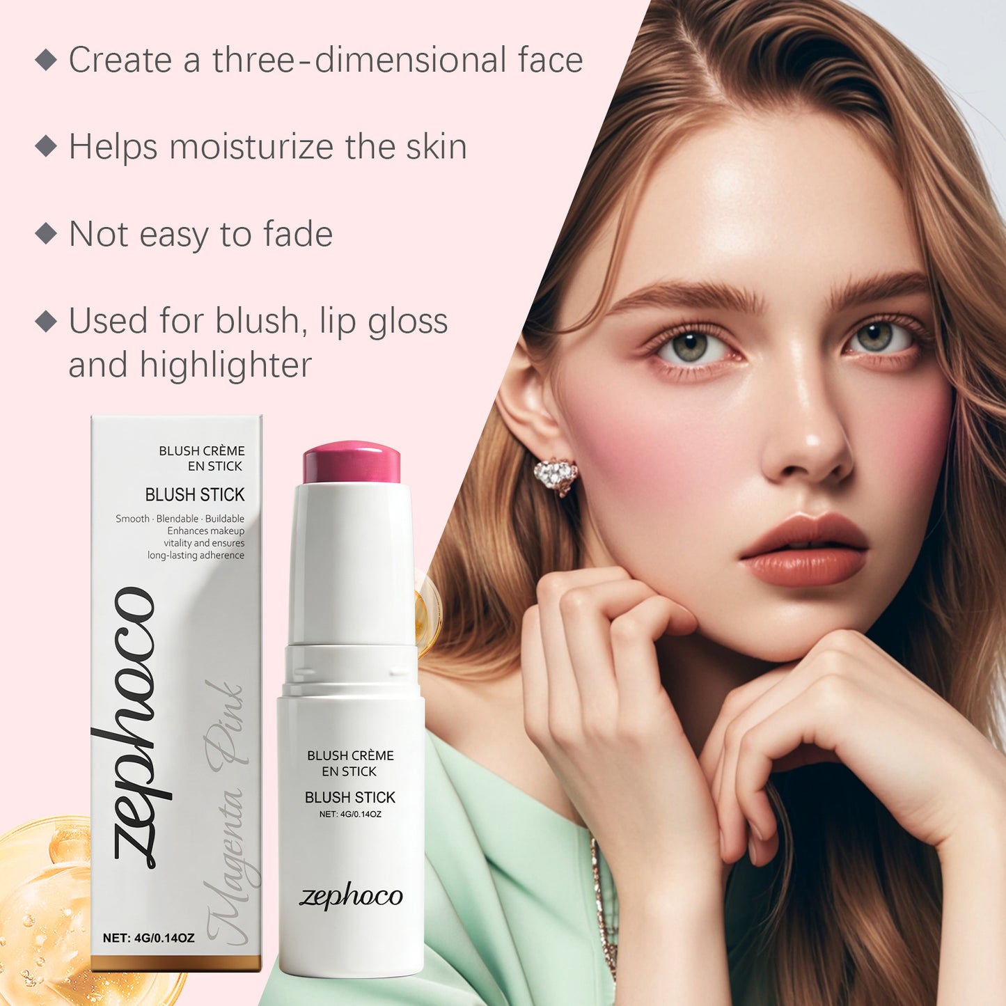 Zephoco Cream Blush Stick: Maquillaje suave y difuminable con brillo natural para mejillas y labios